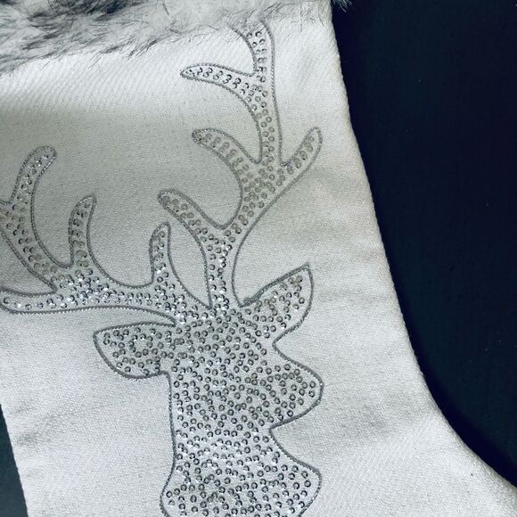 White Christmas Deer Faux Fur Silver Sequin Stocking - Picture 2 of 3